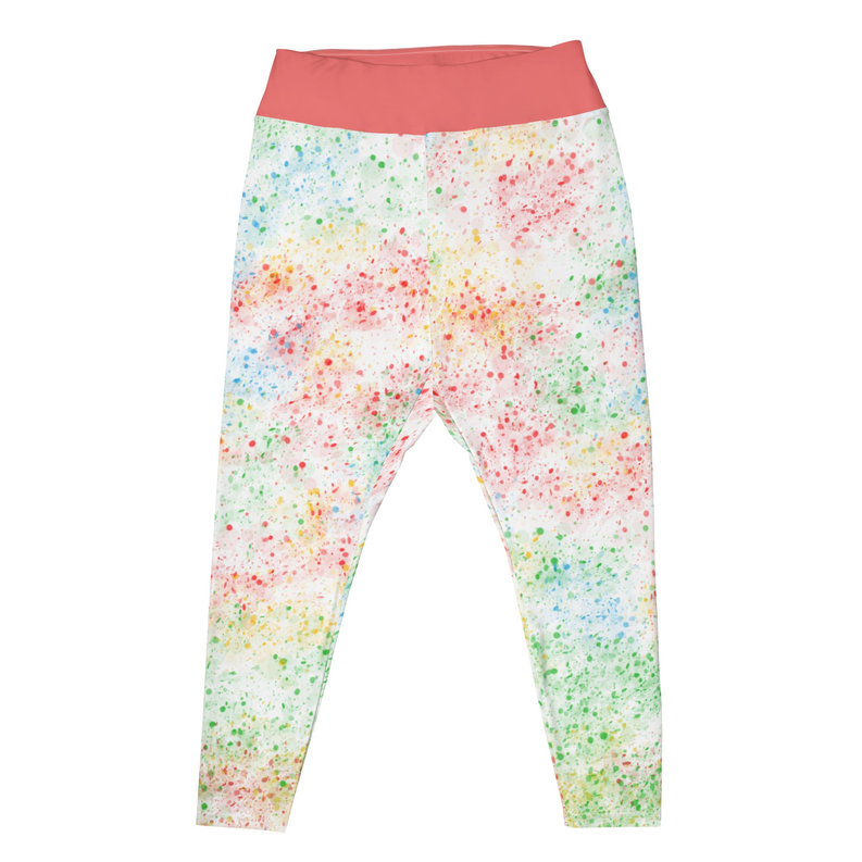 Multicolor speckle print leggings with coral waistband, front view laid flat