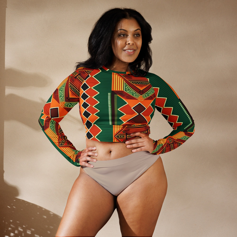 Green kente print long-sleeve crop top with geometric stripes and V-shaped panel