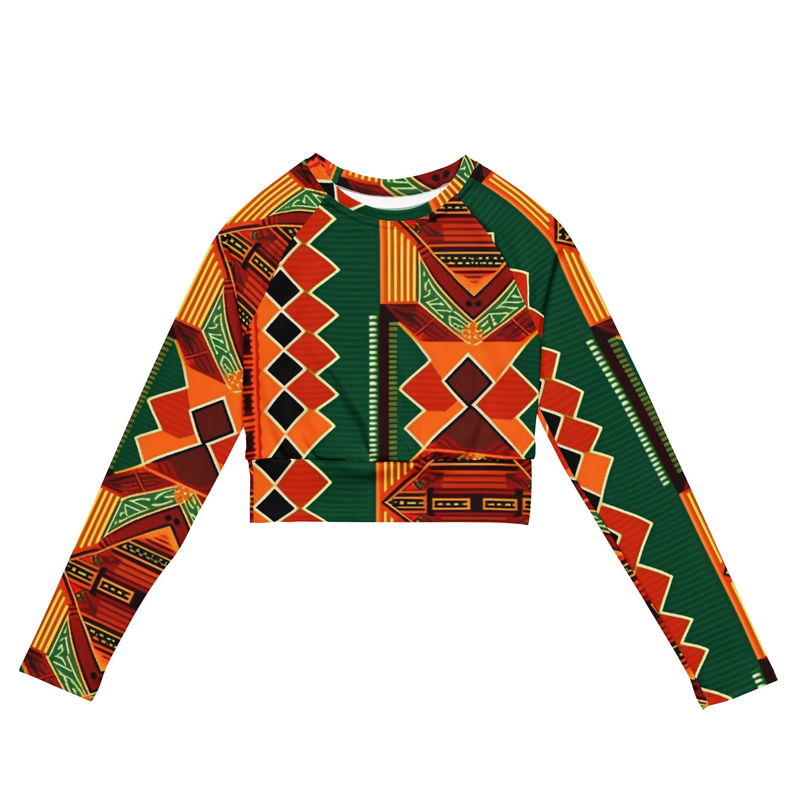 Green kente print long-sleeve crop top with geometric panel and diamond stripe design