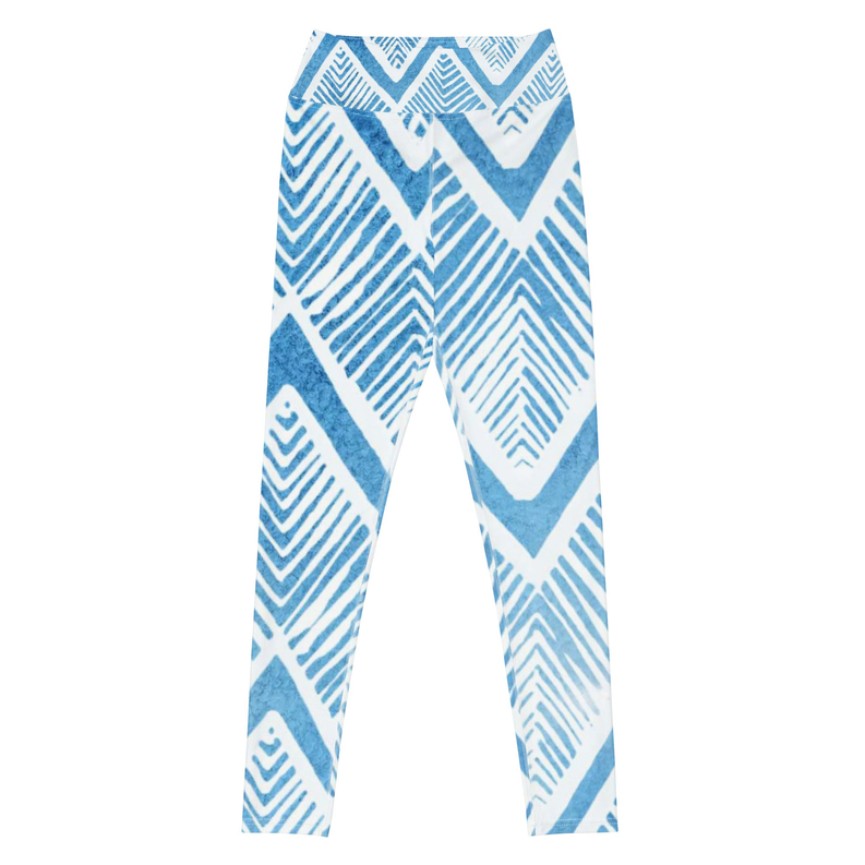 Full-length leggings in blue indigo batik chevron pattern, stretch fit