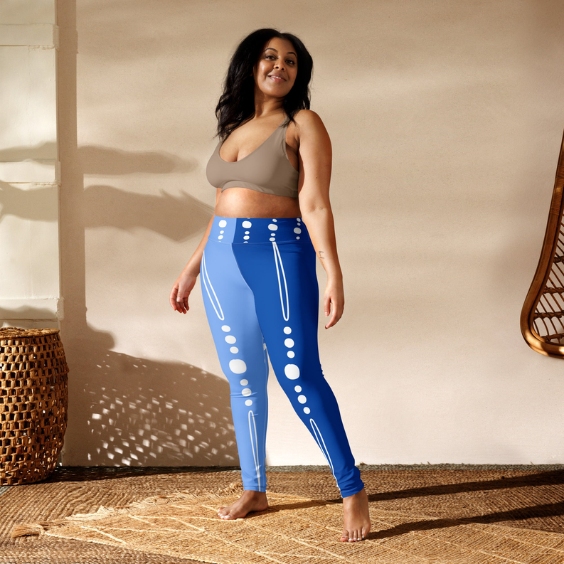 Blue yoga leggings with white dot and line tribal pattern, elastic waistband