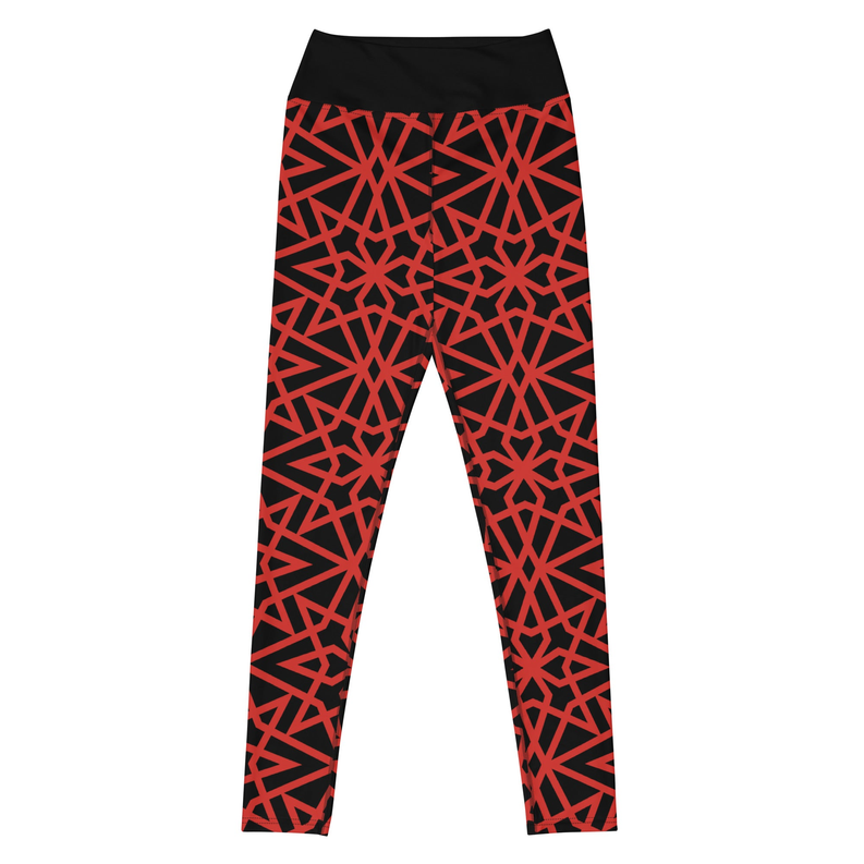 Black and red geometric print yoga leggings, full-length front view