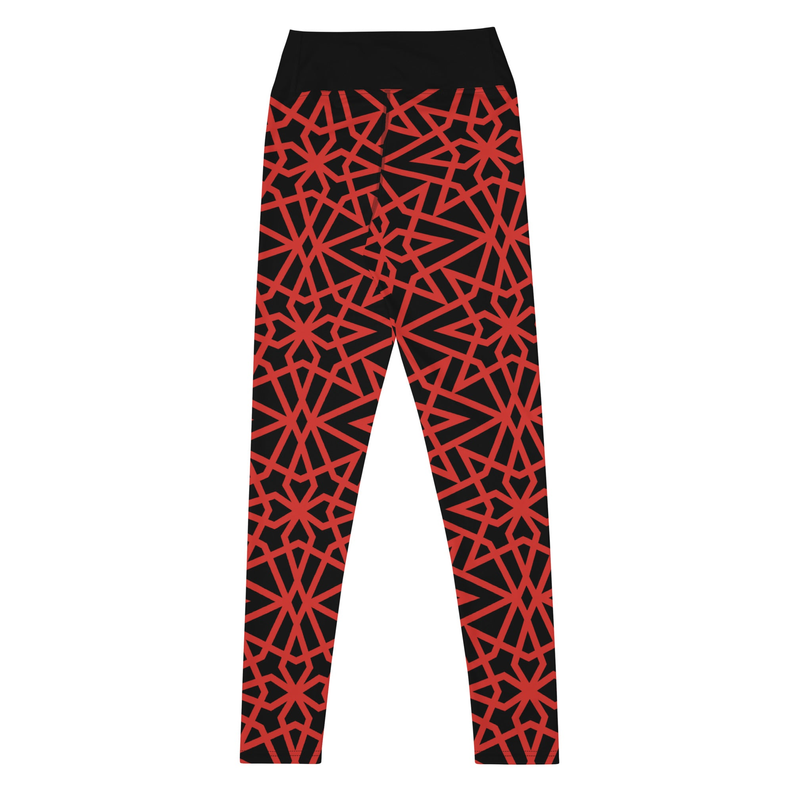 Black and red geometric print yoga leggings, full-length rear view