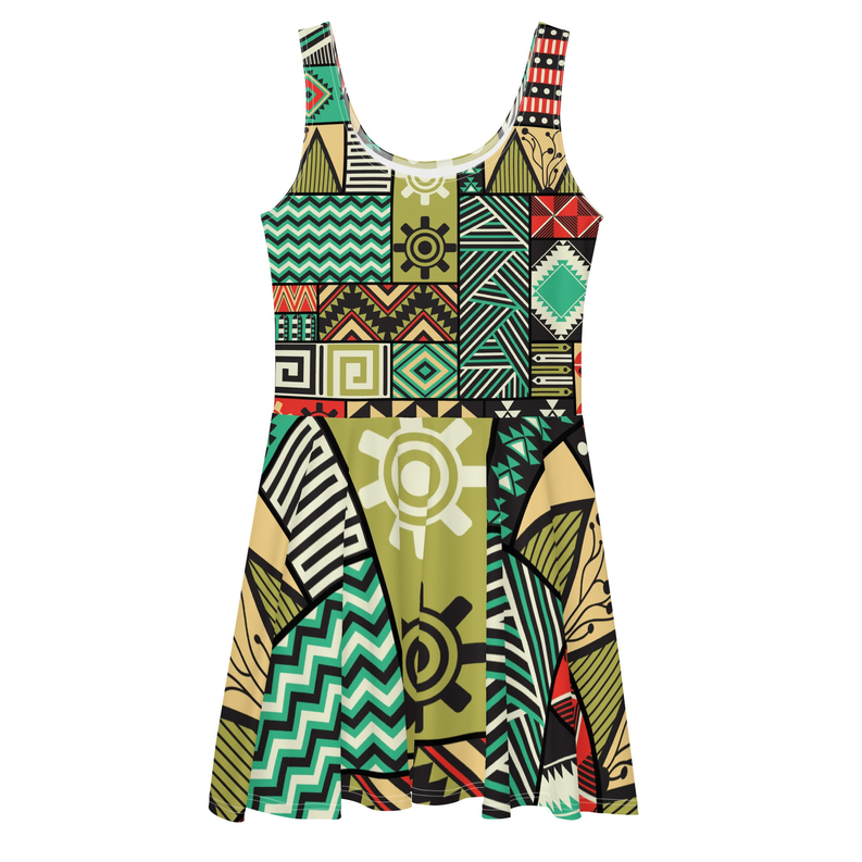 Sleeveless skater dress, geometric patchwork design in green, black, tan and red