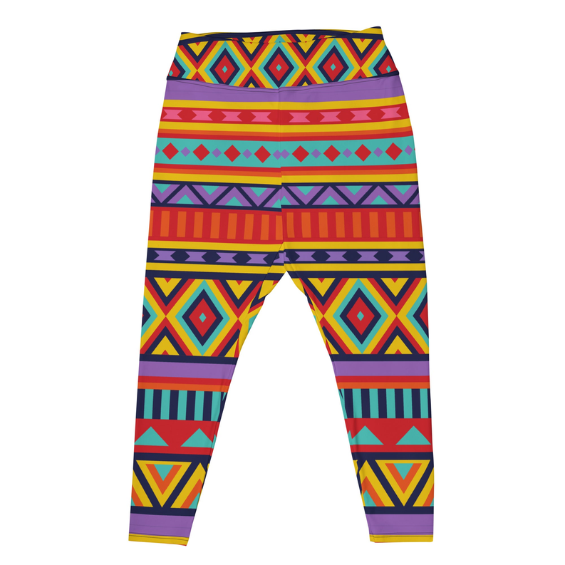 Tribal print leggings with multicolor geometric stripes and diamond motifs