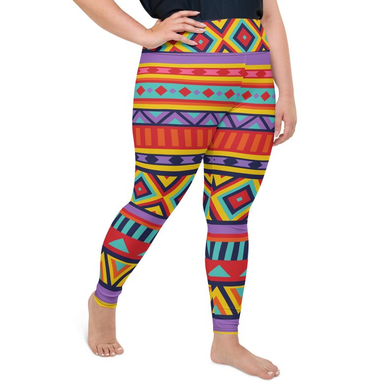 Multicolor tribal leggings with geometric stripe pattern and diamond motifs