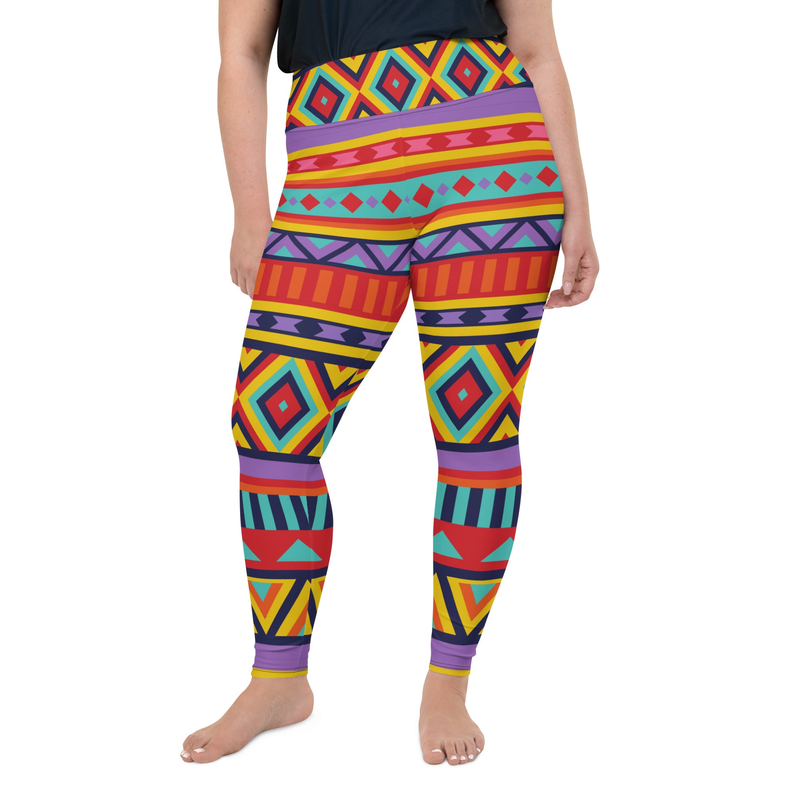 Tribal print leggings with bright geometric bands and diamond accents