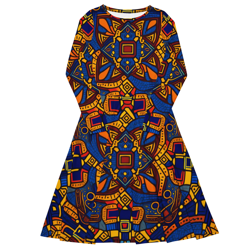 Long sleeve midi dress with bold blue and yellow geometric print