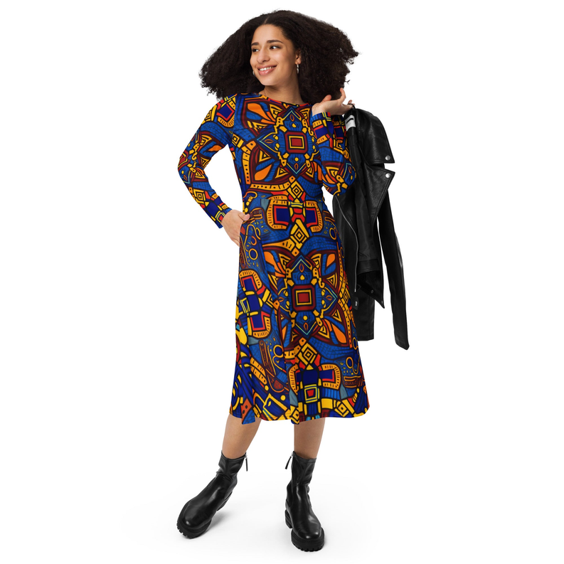 Long sleeve midi dress in blue and yellow geometric print, front view