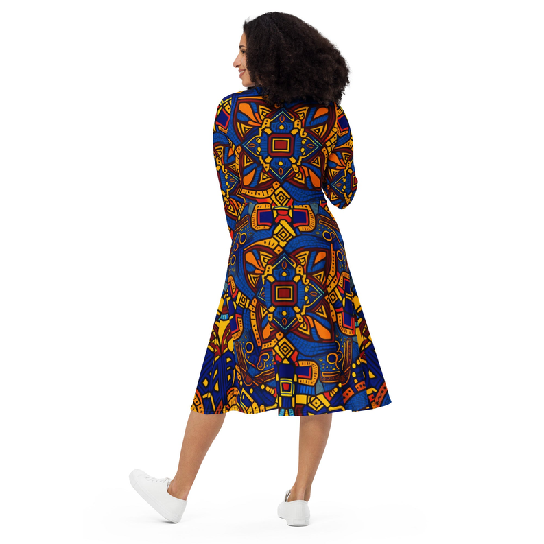 Long sleeve midi dress with blue and yellow geometric print, side/back view