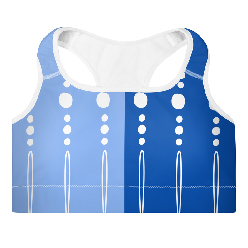 Padded sports bra, blue with white dot and line tribal pattern, racerback straps