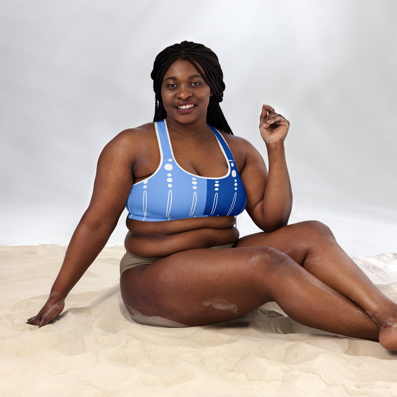 Padded sports bra, blue with white tribal lines and dots, scoop racerback neckline