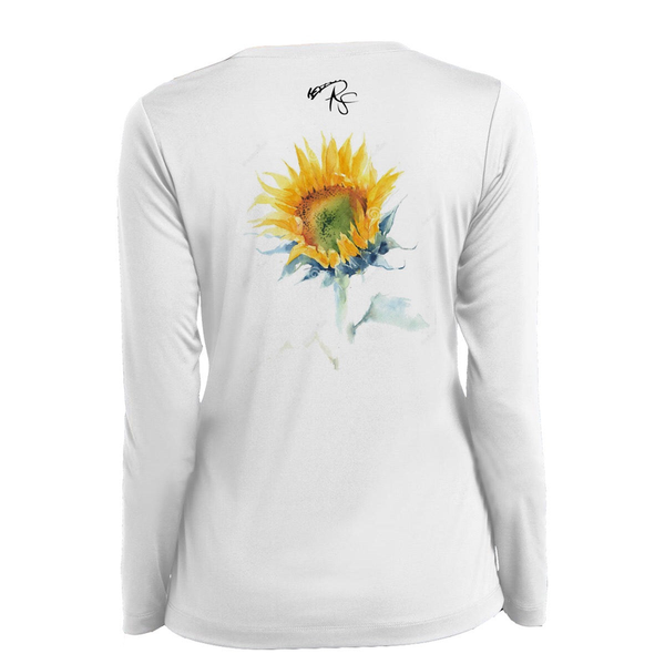 White long-sleeve shirt with sunflower graphic on back