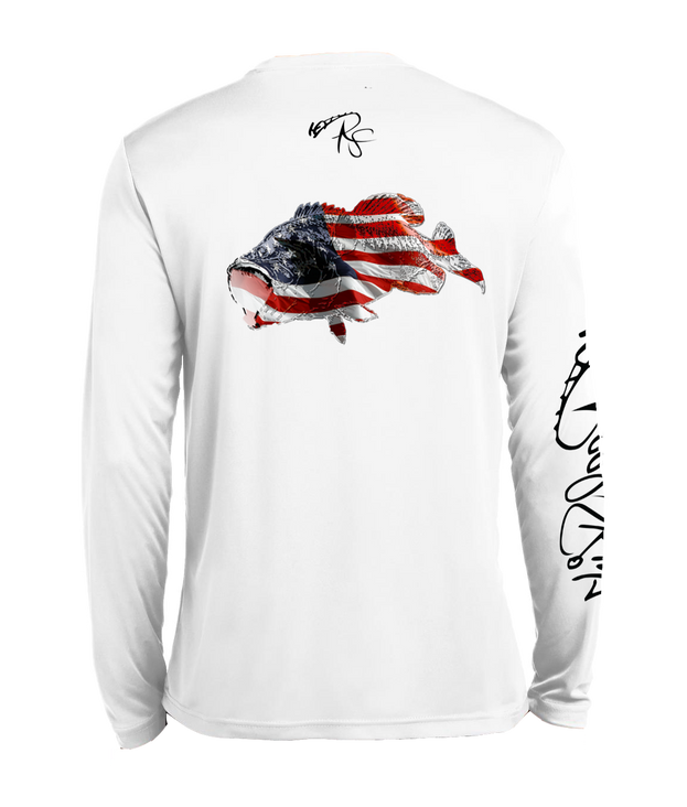 White long-sleeve T-shirt with American bass fish graphic and flag stripes
