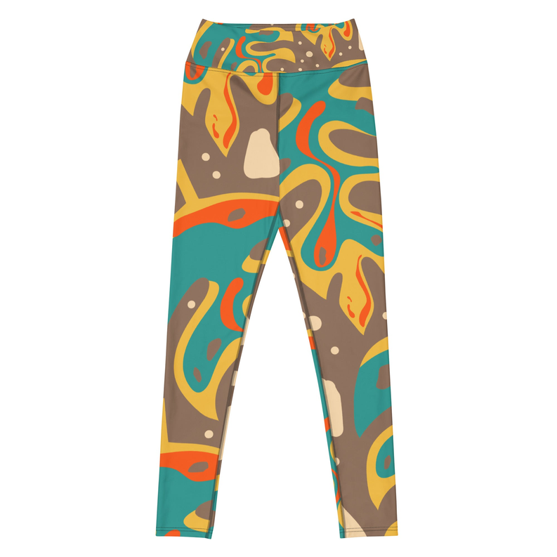 Yoga leggings with colorful leaf-like abstract print and elastic waist