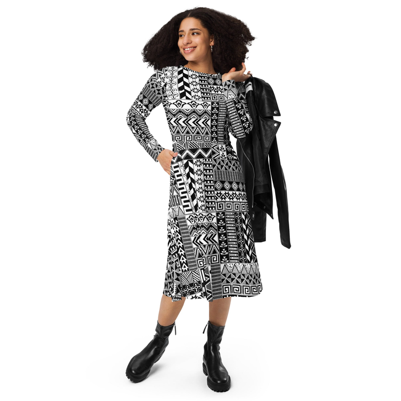 Black and white geometric midi dress with long sleeves, round neck, A-line skirt