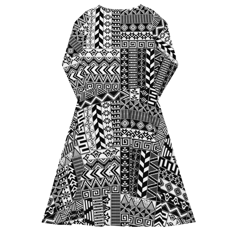 Black and white geometric print A-line midi dress with long sleeves