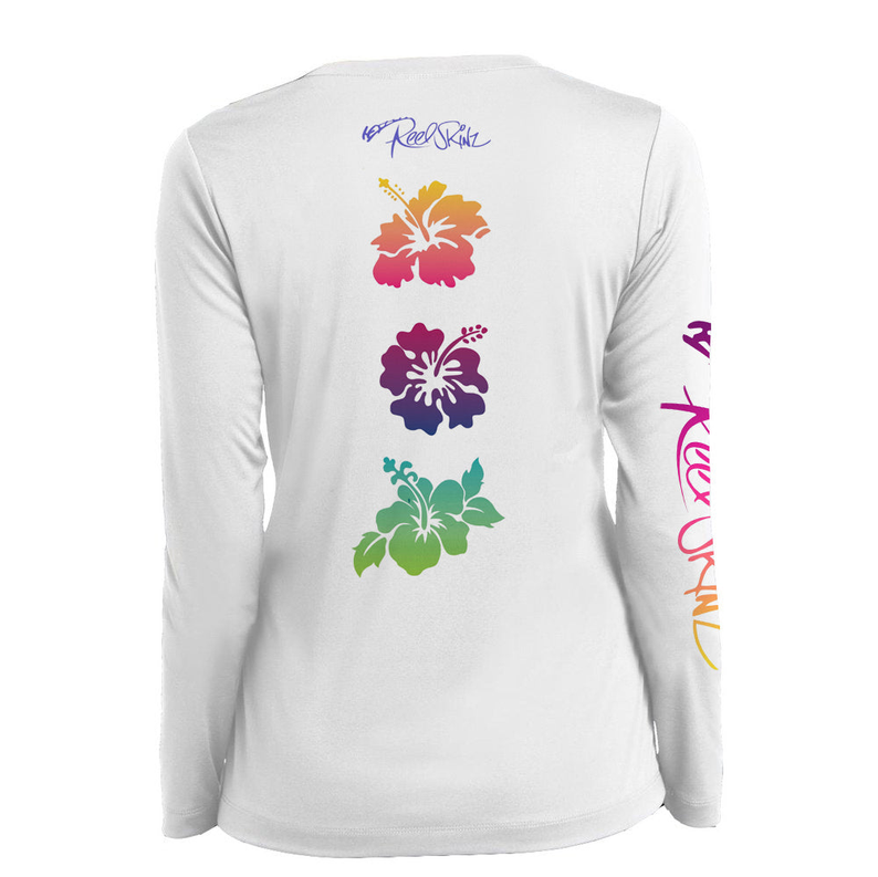 White long-sleeve t-shirt with colorful hibiscus flower graphic on the back