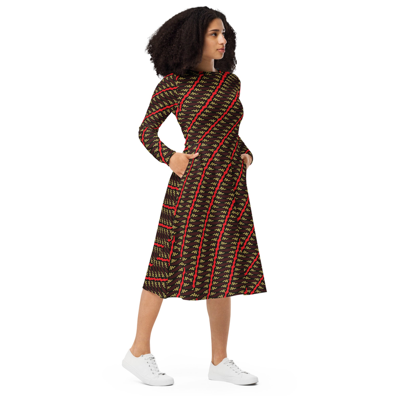 Long sleeve midi dress, A-line hem, side view, brown red and green geometric print