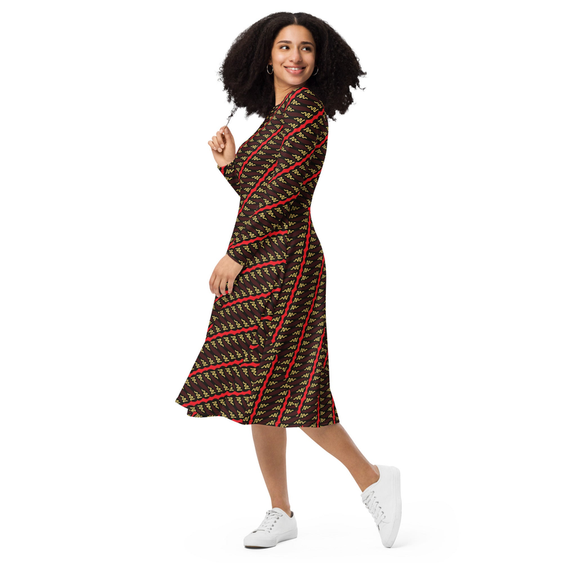 Long sleeve midi dress, A-line fit, scoop neckline, brown red and green geometric print