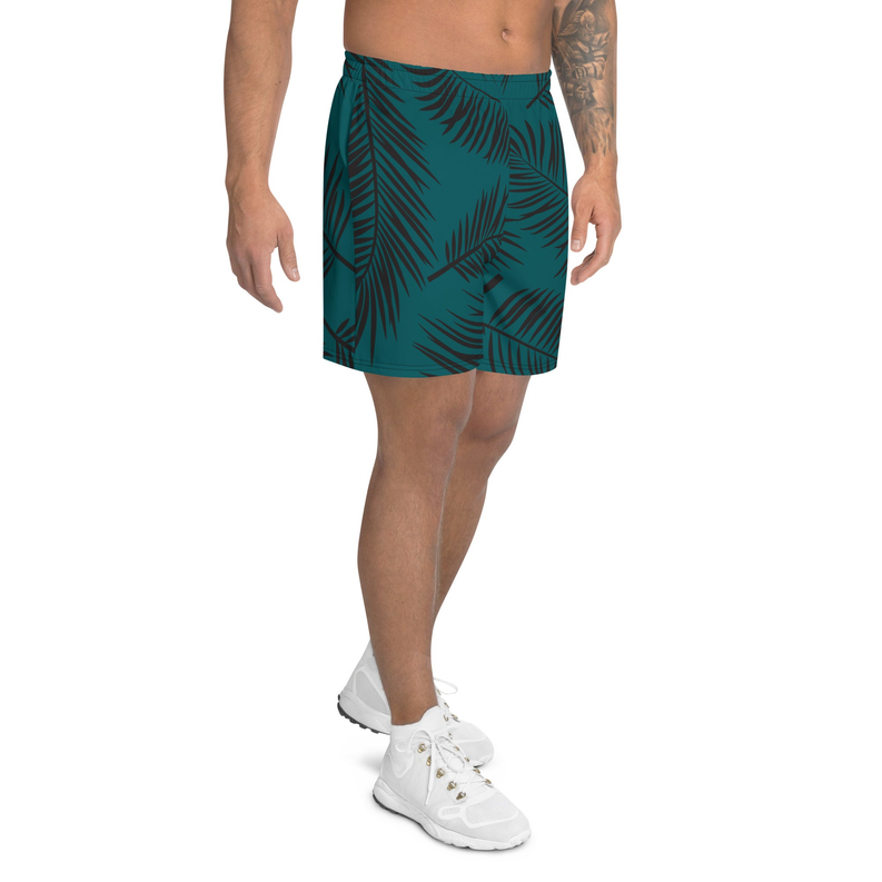 Men’s teal athletic shorts with dark leaf print, elastic waistband, above-knee length