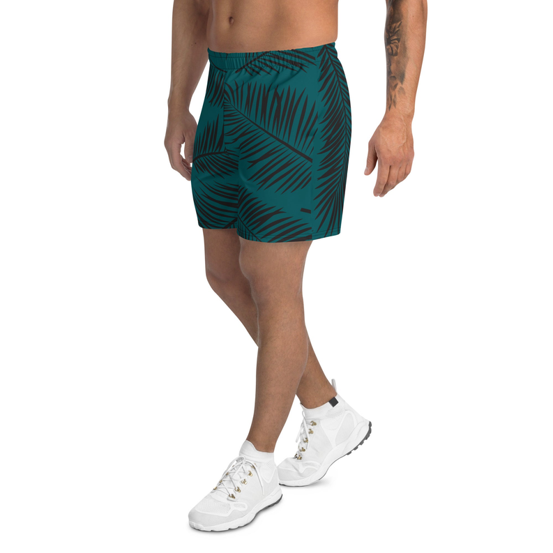 Men’s teal leaf-pattern athletic shorts with elastic waistband, above-knee cut