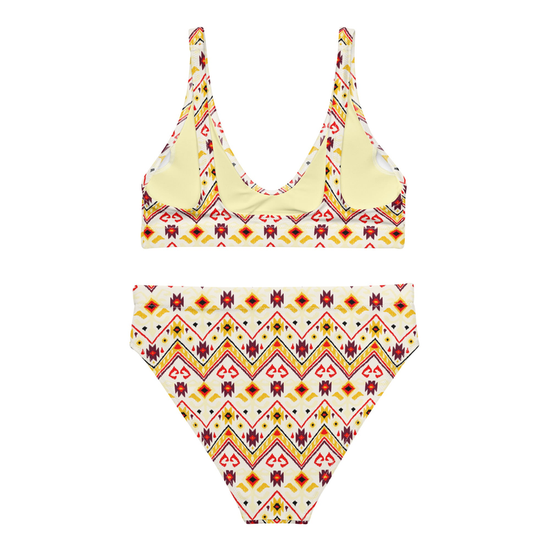 High-waisted bikini set with wide straps and Aztec print matching bottoms