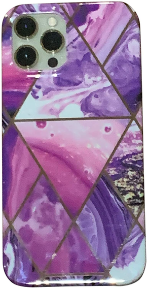 Geometric marble iPhone case with purple and pink geometric lines, raised camera cutouts
