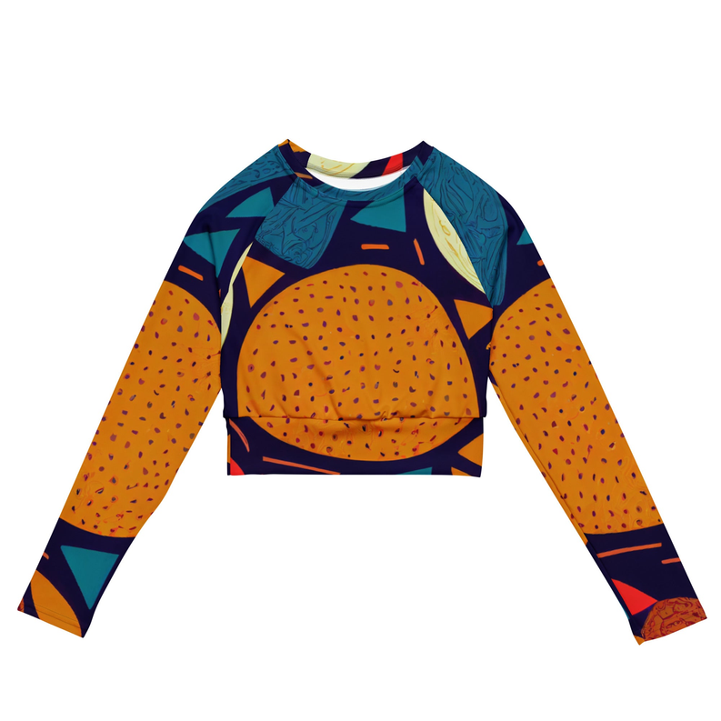 Multicolored women's long sleeve crop top, round neck, abstract orange and teal pattern