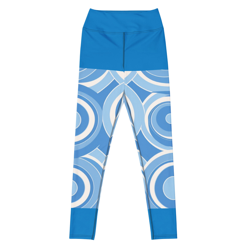 Blue yoga leggings with white swirl circle pattern, high-rise waistband