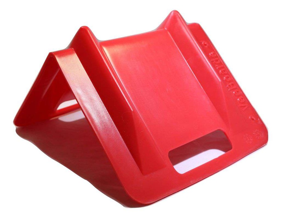 Red plastic ratchet strap corner guard protector with strap channel and cutout
