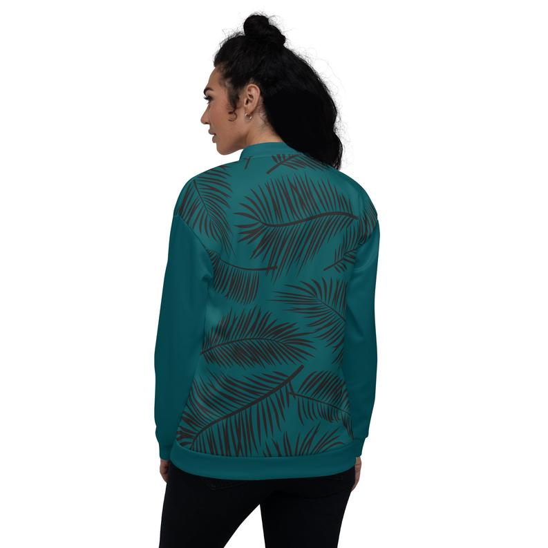 Teal bomber jacket with leaf pattern, ribbed cuffs and hem