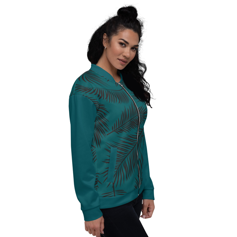 Teal bomber jacket with leaf pattern, full-zip front and ribbed cuffs