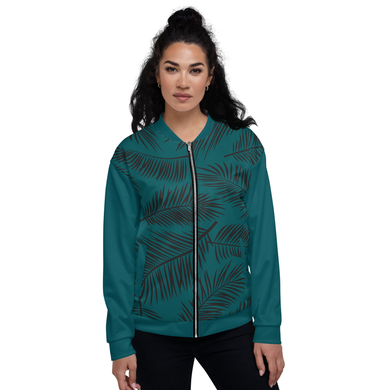 Teal bomber jacket with leaf print, front zipper and standing collar