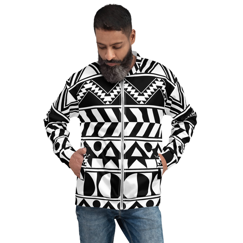 Black-and-white aztec-pattern bomber jacket with long sleeves and ribbed hem