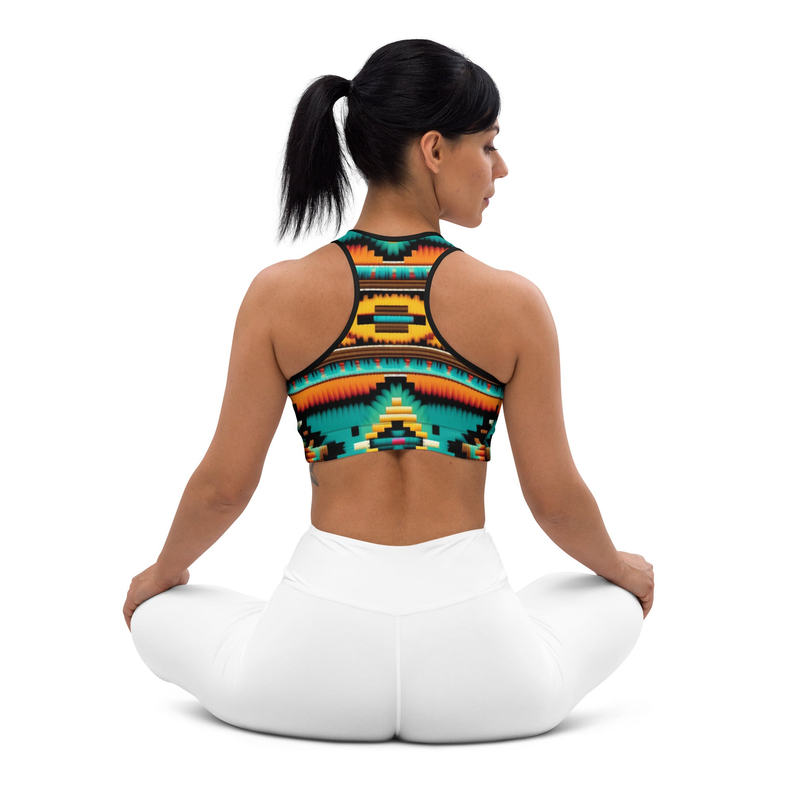 Women's activewear sports bra, racerback, multicolor geometric pattern on back
