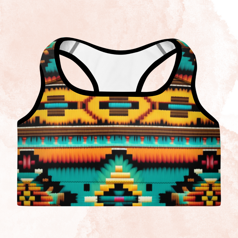 Women's activewear sports bra, front view, geometric print with black trim and racerback