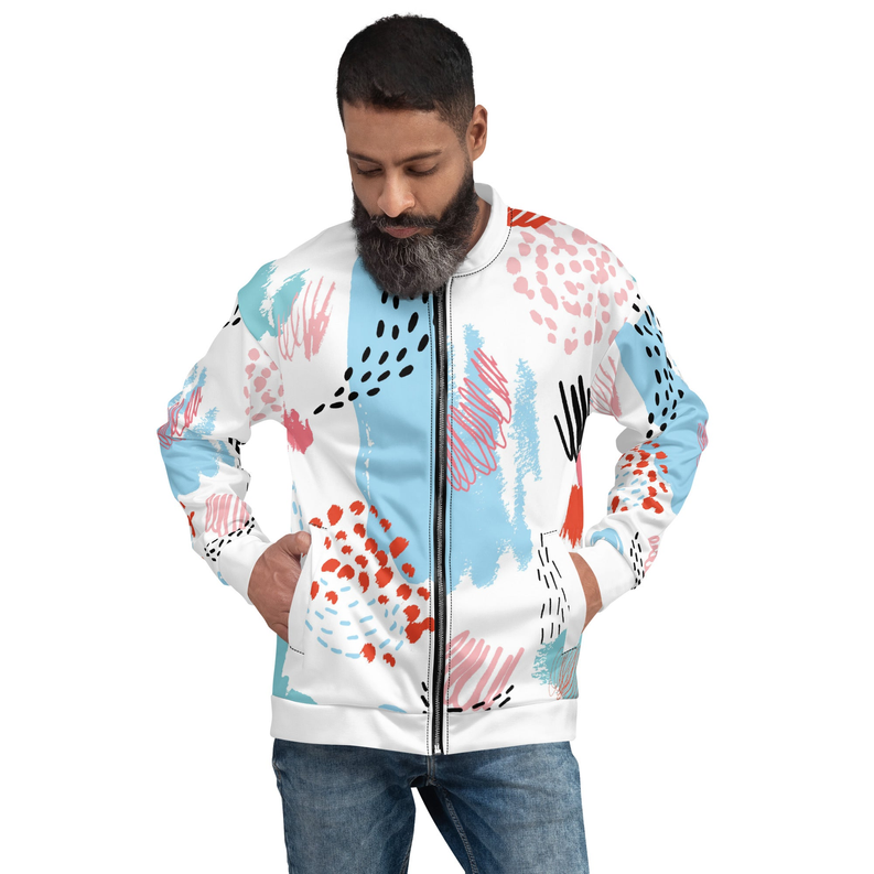 Unisex bomber jacket with white base, blue and red abstract pattern, front zip