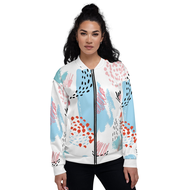 White unisex bomber jacket with blue and red abstract pattern, front zipper, ribbed collar