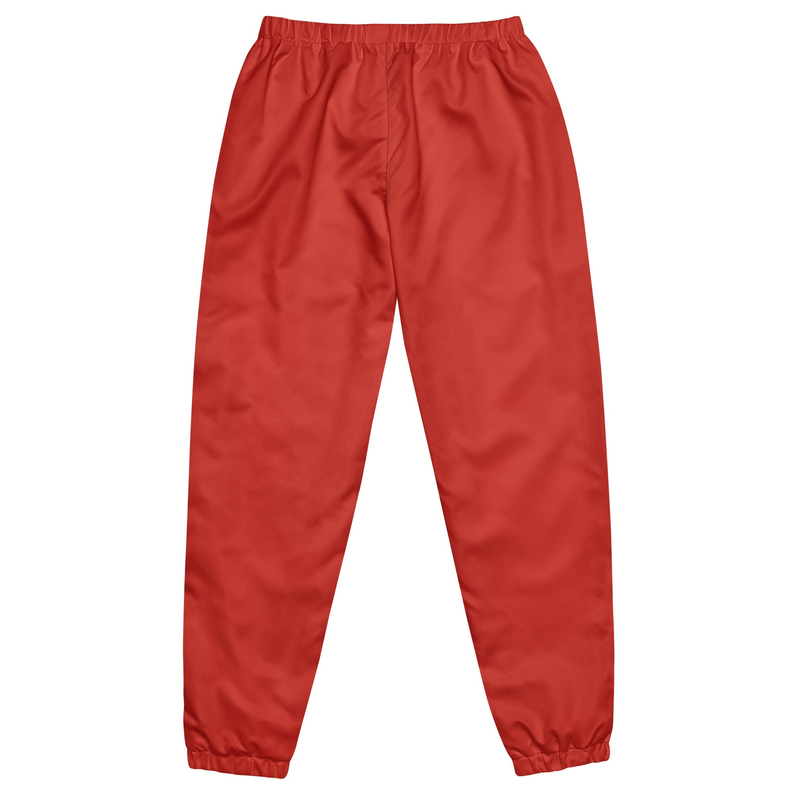 Red track pants with elastic waistband and ankle cuffs
