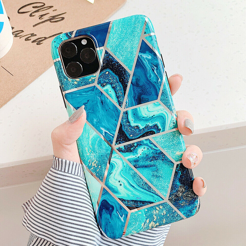 Geometric marble phone case, blue hexagon pattern with raised bumper corners