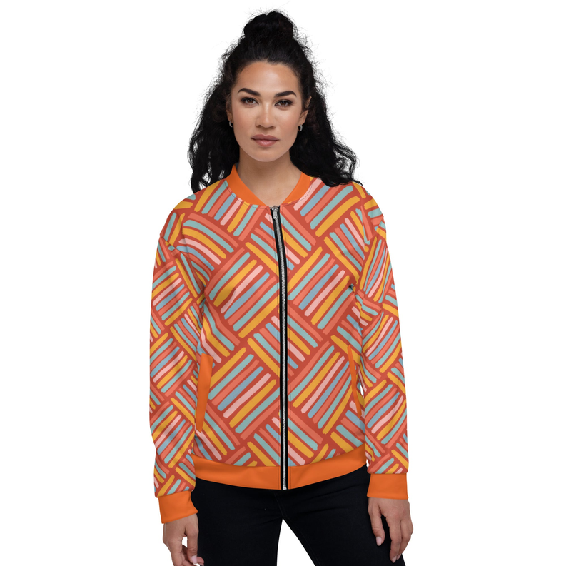 Unisex bomber jacket with multicolor diagonal stripe print, front zipper, ribbed cuffs