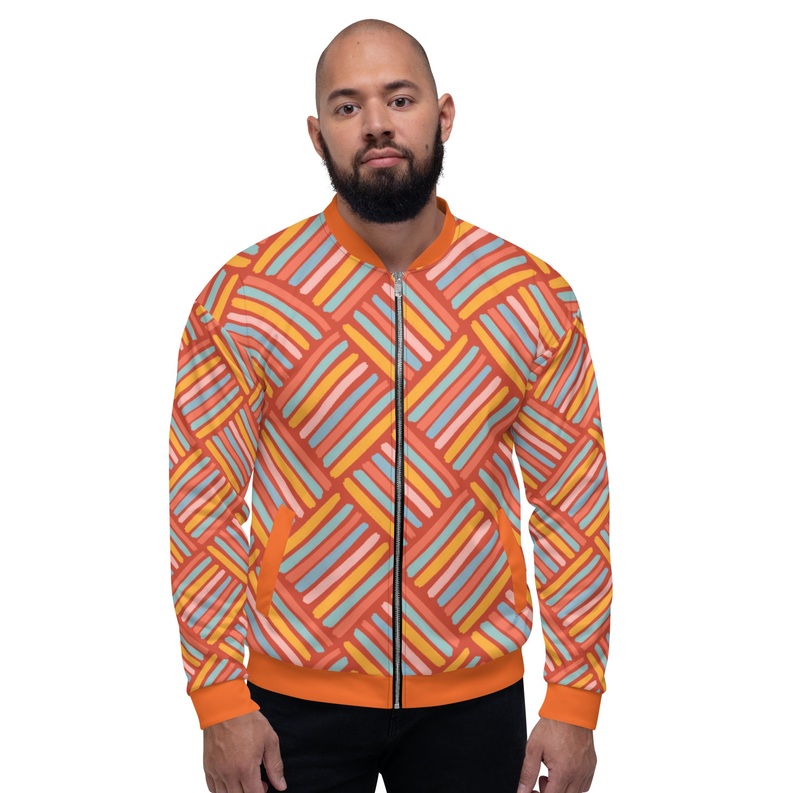 Unisex bomber jacket with diagonal stripe pattern, full-zip front, orange ribbed trim