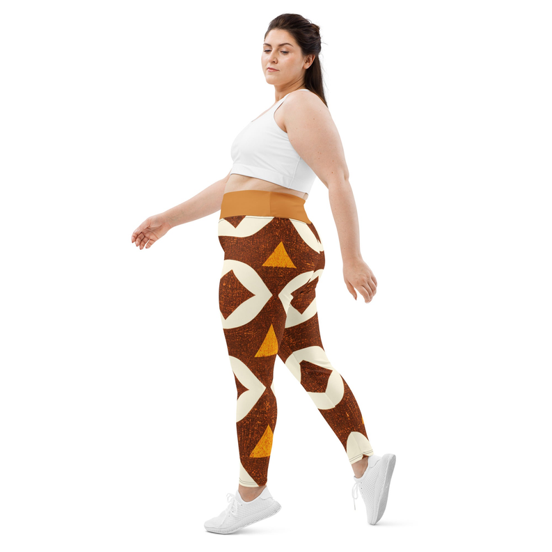 African print leggings, side view, brown with white geometric pattern, ankle length