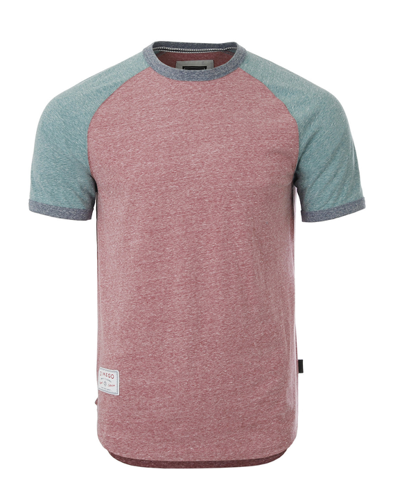 Men's raglan ringer T-shirt, maroon heather body and teal sleeves with crew neckline