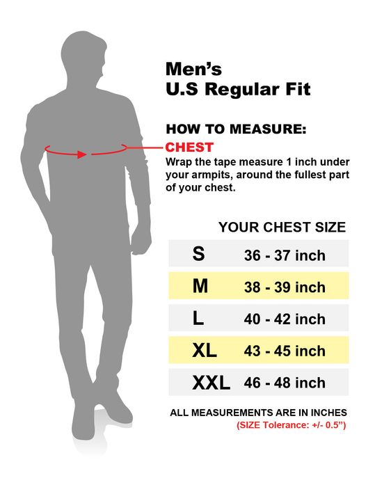 T-shirt size chart graphic for men's US regular fit, chest measurements in inches