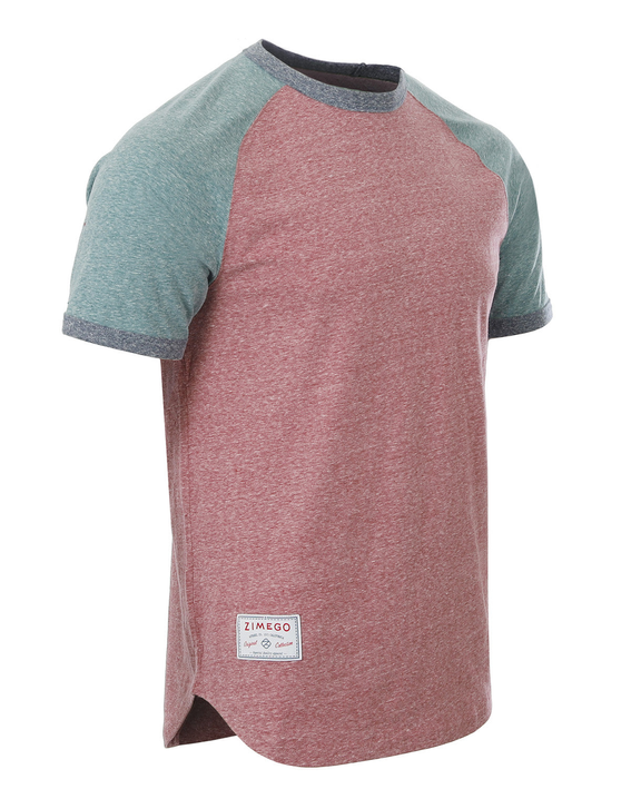Men's raglan ringer T-shirt in maroon heather with teal raglan sleeves; chest logo patch