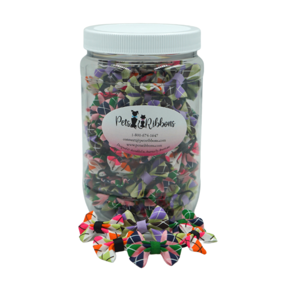 Jar of Pets Ribbons assorted colorful pet bow ribbons with patterned tails