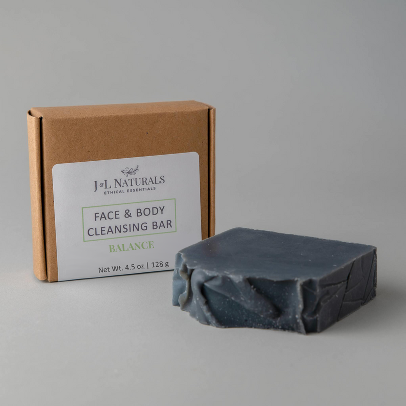 Dark gray cleansing bar and kraft gift box for face and body