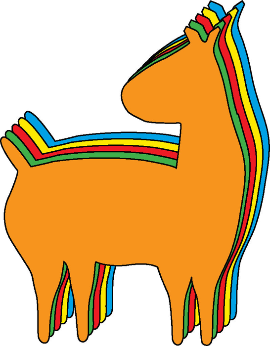 Colorful orange llama cutout with rainbow striped mane and tail